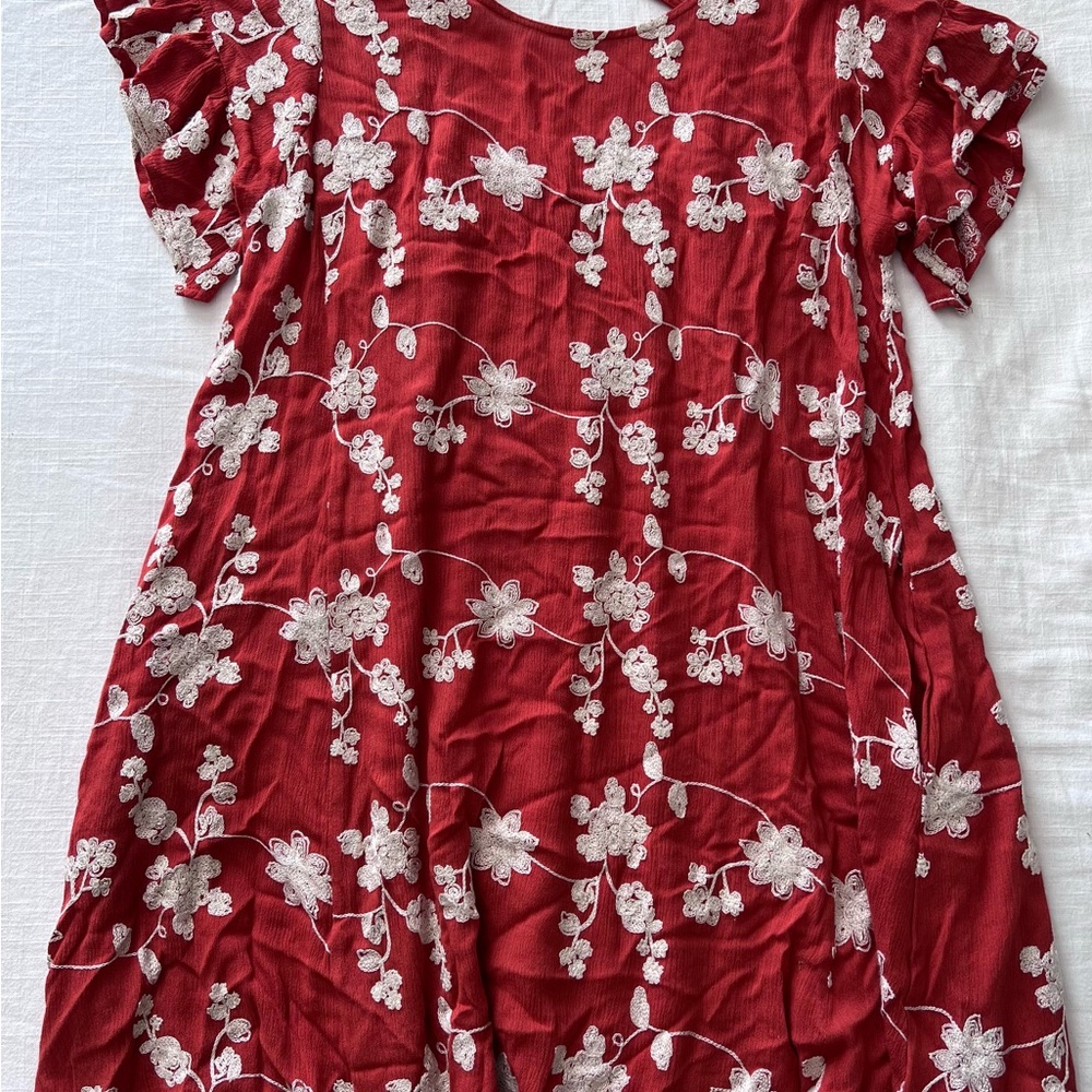 UMGEE Floral Embroidered Boho Mini Dress Size M Orange Open Back With Pockets
